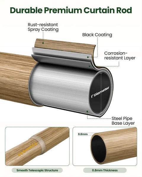 Diagram of Boho Wood Curtain Rod Set 1 Inch Adjustable From 36 To 88 Inches With Imitation Wood Grain Leaf Finials, showing layers.