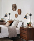 Bedroom with Battery Powered Dope Gooseneck Wall Light with Remote Dimmer, Black Metal Finish, above bed, farmhouse decor style