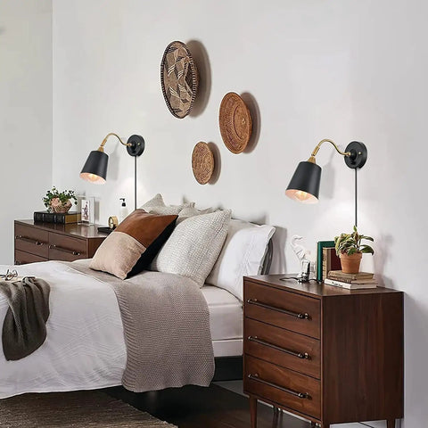Bedroom with Battery Powered Dope Gooseneck Wall Light with Remote Dimmer, Black Metal Finish, above bed, farmhouse decor style