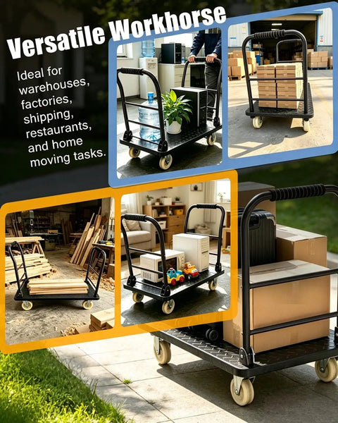 Built Tough Heavy Duty Steel Platform Truck With 2700 Lb Capacity 48 By 24 Inch Industrial Flatbed Cart Alloy Steel Frame Collapsible Handle 360 Degree Swivel Casters Made For Workshop Backyard And Heavy Cargo Logistics, loaded with boxes