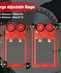 Upgraded 2 In 1 Feather Board Jig with Anti Kickback Roller showing adjustable range for table saws and router tables.