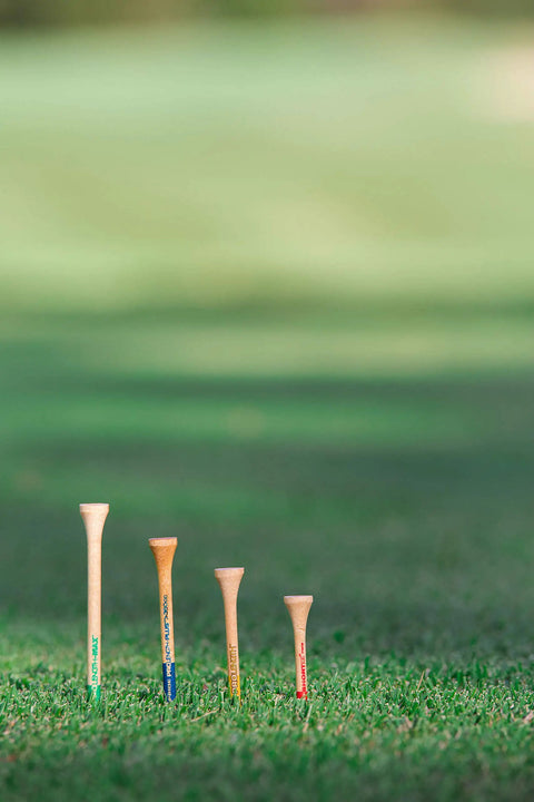 ProLength Two And Three Quarters Inch Tee System, 175 Count Natural Hardwood Golf Tees on grass with color bar length indicator