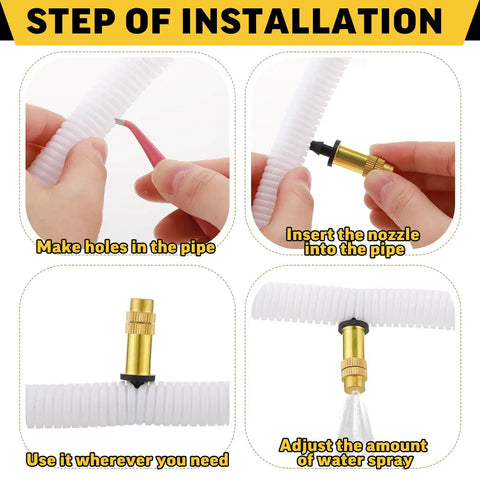 Installation guide showing steps for 50 Pack Adjustable Brass Misting Nozzles With Atomizing Spray Emitters for gardens and patios.