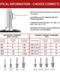 Threaded bolt size chart showing ISO metric vs unified thread standards with eight bolts (M6–M12, 1/4–20 to 1/2–13).