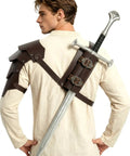 Rear view of Two In One Medieval Shoulder Armor With Back Sword Frog Holder Pauldrons And Sword Holster for Knight LARP Cosplay