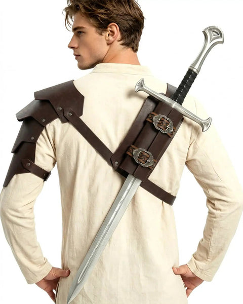 Rear view of Two In One Medieval Shoulder Armor With Back Sword Frog Holder Pauldrons And Sword Holster for Knight LARP Cosplay