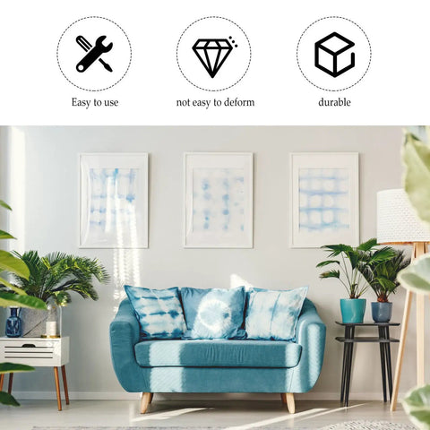 Room with blue sofa and decor showcasing advantages of Five Sets Thick Bed Post Connector Screws Kit For Sofa Legs Cabinet Legs And Furniture Feet Heavy Duty Iron Hardware With Smooth Burr Free Finish Easy To Install Silver.
