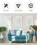 Living room with blue sofa, decorative pillows, plants, and lamps; symbols above showing features of 5 Sets Bed Column Fastening Kit With Iron Connector Screws For Sofa Legs And Bedposts, Silver Color, Easy Install And Safe To Use Built To Last Heavy Duty Furniture Replacement Parts.