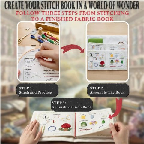 Steps to complete Beginner Embroidery Stitch Book With Fabric Pages, 32 Essential Stitches In Logical Progression For Adults shown.