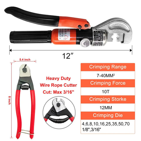 Beefy 10 Ton Hydraulic Cable Crimper Tool For 1/8 And 3/16 Stainless Steel Cable Railing Fittings With Smart Pressure Release
