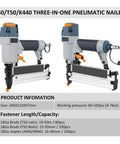 Oil Free Pneumatic Staple Gun And Air Nailer With Slick Depth Adjustment Non Slip Handle And Pro Driver Set Built Tight For Job Site Hustle And Daily Trade Work 16 18 Gauge Brad, showing three-in-one features and adjustable settings.