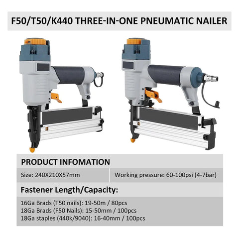 Oil Free Pneumatic Staple Gun And Air Nailer With Slick Depth Adjustment Non Slip Handle And Pro Driver Set Built Tight For Job Site Hustle And Daily Trade Work 16 18 Gauge Brad, showing three-in-one features and adjustable settings.