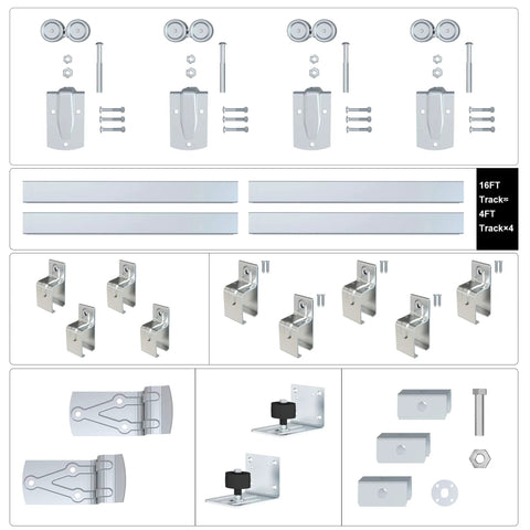 Heavy Duty 16Ft Outdoor Sliding Barn Door Hardware Kit With Galvanized Steel Track, 450 Lb Capacity, components layout