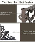 Built Like A Tank 4 Pack Solid Cast Iron Shelf Brackets 4x4 Inch corner bracket with unique vine design and sturdy construction.