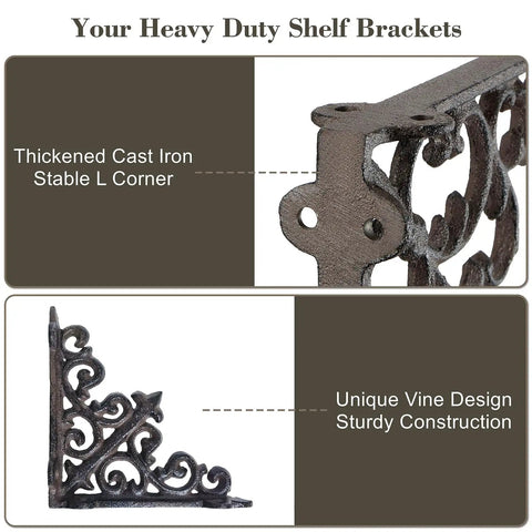 Built Like A Tank 4 Pack Solid Cast Iron Shelf Brackets 4x4 Inch corner bracket with unique vine design and sturdy construction.