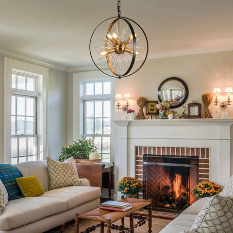 Gold And Black 6 Light Sputnik Globe Chandelier With Rotatable Spheres for living room, stylish centerpiece above seating area.