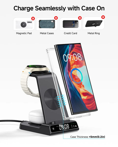 3 In 1 Wireless Charging Station For Galaxy Phones Watches And Buds With Dimmable Digital Clock Space Saving Dock Fast Charging