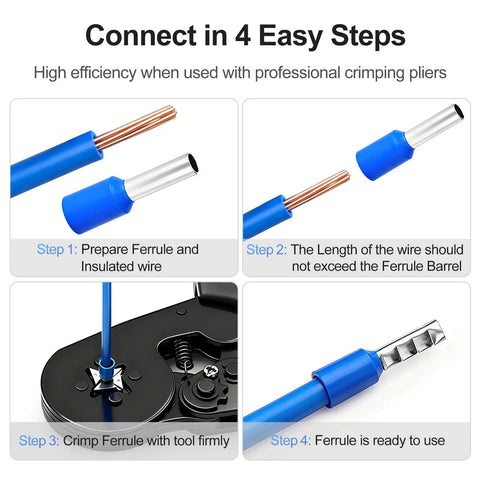 12 AWG Insulated Wire Ferrules Grey Tin-Plated Copper Pin Terminals for Easy Electrical Terminations and DIN Rail Blocks, E4018 Crimp Connectors, 100-Pack, High-Quality, Secure Wire Ends, 4-step crimp guide