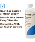 Keurig Care Descaling Solution 14 oz bottle next to text about 3-month supply and compatibility with Keurig brewers.