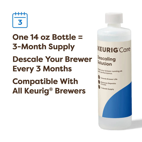 Keurig Care Descaling Solution 14 oz bottle next to text about 3-month supply and compatibility with Keurig brewers.