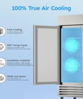 Heavy Duty Commercial Freezer 52 Cubic Feet Capacity Slick Stainless Steel Build showcasing 100% True Air Cooling with open door.