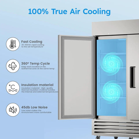 Heavy Duty Commercial Freezer 52 Cubic Feet Capacity Slick Stainless Steel Build showcasing 100% True Air Cooling with open door.