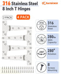 316 Stainless Steel T Hinges 8X4 Heavy Duty With Screws For Hatch Gate Door Fence Barn Cabinets Windows 4 Pack, illustrated with specs.