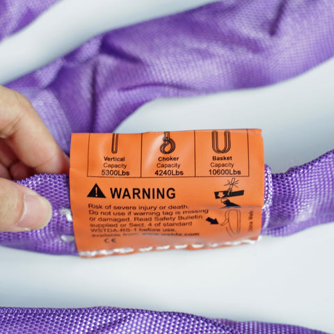Label of Beefy Heavy Duty Round Slings For Aerial Lyra Hoop Rig And Aerial Silks Polyester Spanset Lifting Sling showing capacities.