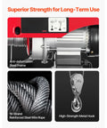 Close-up of 440 Lb Electric Hoist with 110V Power, zinc plated steel wire, engine detail, and metal hook