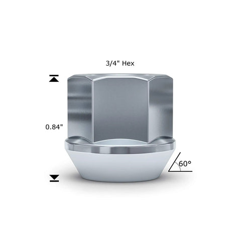 Zinc M12x1.25 Open End Bulge Acorn Lug Nuts With 60 Degree Conical Seat, 3/4 Inch Hex, Cold Forged Steel, front view.