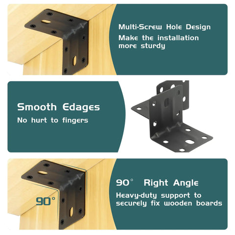 Heavy Duty Black L Brackets 2x2 Inch Steel Angle Supports on furniture corner, showcasing multi-screw hole design and smooth edges.