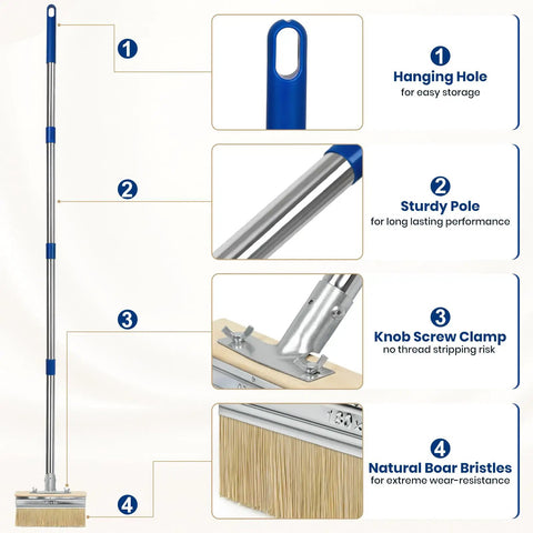 Heavy Hitter Deck Stain Brush Set With Super Long 59 Inch Pole Handle showing sturdy pole, hanging hole, and natural boar bristles.