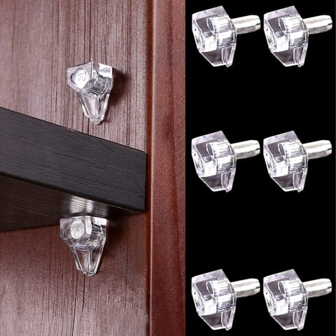 5 Millimeter Clear Plastic Shelf Support Pins Pack Of 20 for cabinets and furniture shown installed on wooden shelf
