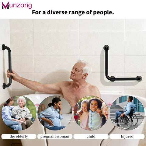 Heavy Duty Black Stainless Steel Shower Grab Bars 2 Pack mounted in a bathroom for elderly and accessible use.