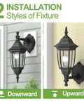 Outdoor Wall Lanterns With Bulbs Built To Last Weatherproof And Anti Corrosion Matte Black Plastic Porch Sconces, downward and upward installation views