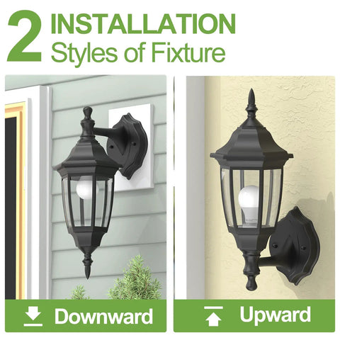 Outdoor Wall Lanterns With Bulbs Built To Last Weatherproof And Anti Corrosion Matte Black Plastic Porch Sconces, downward and upward installation views