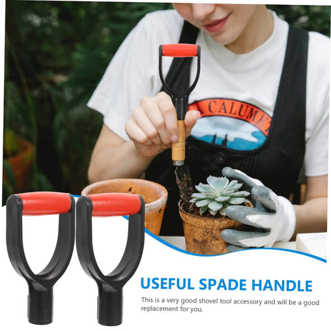 2 Pack D-Shaped Shovel Handle Replacement Grip For Snow Shovels And Garden Tools, shown with a person planting.