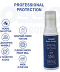 Invisible Protection Seam Sealer for Fabric 4oz PFAS Free Waterproof Sealant with bottle and feature icons.