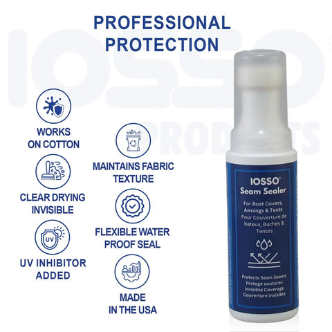 Invisible Protection Seam Sealer for Fabric 4oz PFAS Free Waterproof Sealant with bottle and feature icons.