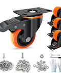 Heavy Duty 3 Inch Caster Set Of 4 With Dual Locking Wheels No Noise Swivel Plate shown with bolts and tools for installation.