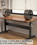 Heavy Duty Adjustable Industrial Desk Legs With Smooth Rolling Swivel Casters For Hassle Free Mobile Office Upgrades And Built Like A Tank Sturdiness On Modern Standing Desks supporting a weight bar.