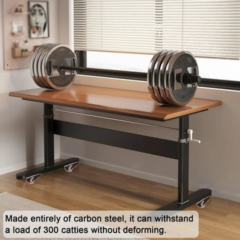 Heavy Duty Adjustable Industrial Desk Legs With Smooth Rolling Swivel Casters For Hassle Free Mobile Office Upgrades And Built Like A Tank Sturdiness On Modern Standing Desks supporting a weight bar.