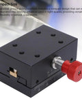 40mm Travel Dovetail Slide With Gear Rack And Pinion Manual Fine Adjustment Slim Aluminum Alloy Built For Tight Spaces Precision Slide For Small Machinery And Everyday Use, compact black slide with red adjustment knob