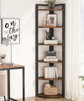 Straight Up Dope Six Tier Corner Shelf And Bookshelf Combining Rustic Wood Grain With Reinforced Steel Frame in a stylish living room corner.