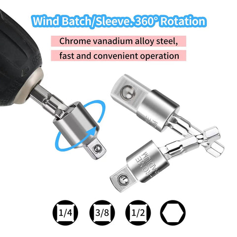Chrome vanadium universal socket adapters, Crazy Handy Flexible Drill Bit Extension And Universal Socket Wrench Set image.