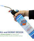 Hand holding blue cylinder from Two 1Lb Empty Propane Tanks for Torch Soldering and Welding, Refillable and Portable, 2 Pack.