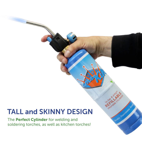 Hand holding blue cylinder from Two 1Lb Empty Propane Tanks for Torch Soldering and Welding, Refillable and Portable, 2 Pack.