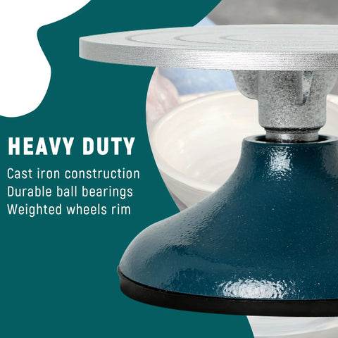 DUPDMKIN 7-inch all-metal banding wheel for pottery on blue cast-iron base; silver wheel disc visible.