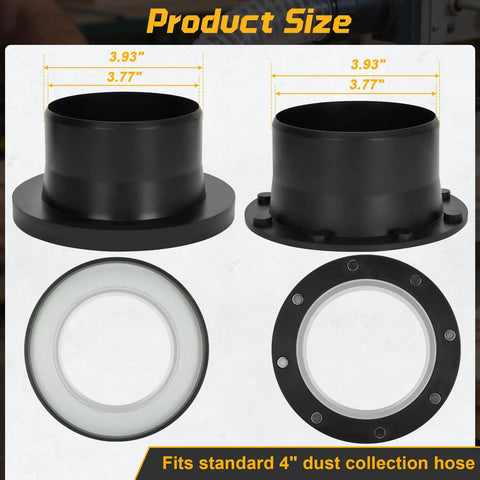 Heavy Duty 4 Inch Magnetic Dust Collection Fittings For Shop Vac Hose Quick Snap Connectors With Magnets shown with dimensions 3.93" and 3.77".