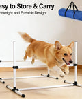 Dog jumping over All Weather Dog Agility Jump Set With Adjustable Bars PVC Training Kit For Indoor Outdoor Play Easy Setup Obstacle Course For Pup Exercise And Coordination Includes Portable Carry Bag in living room